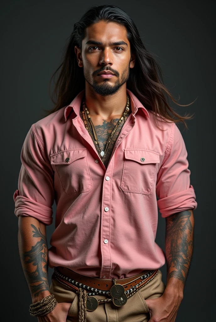 Young muscular Native American tribal man without beard, with long hair and a plain pink button-down shirt. With tattoos and tribal accessories without facial hair. 
