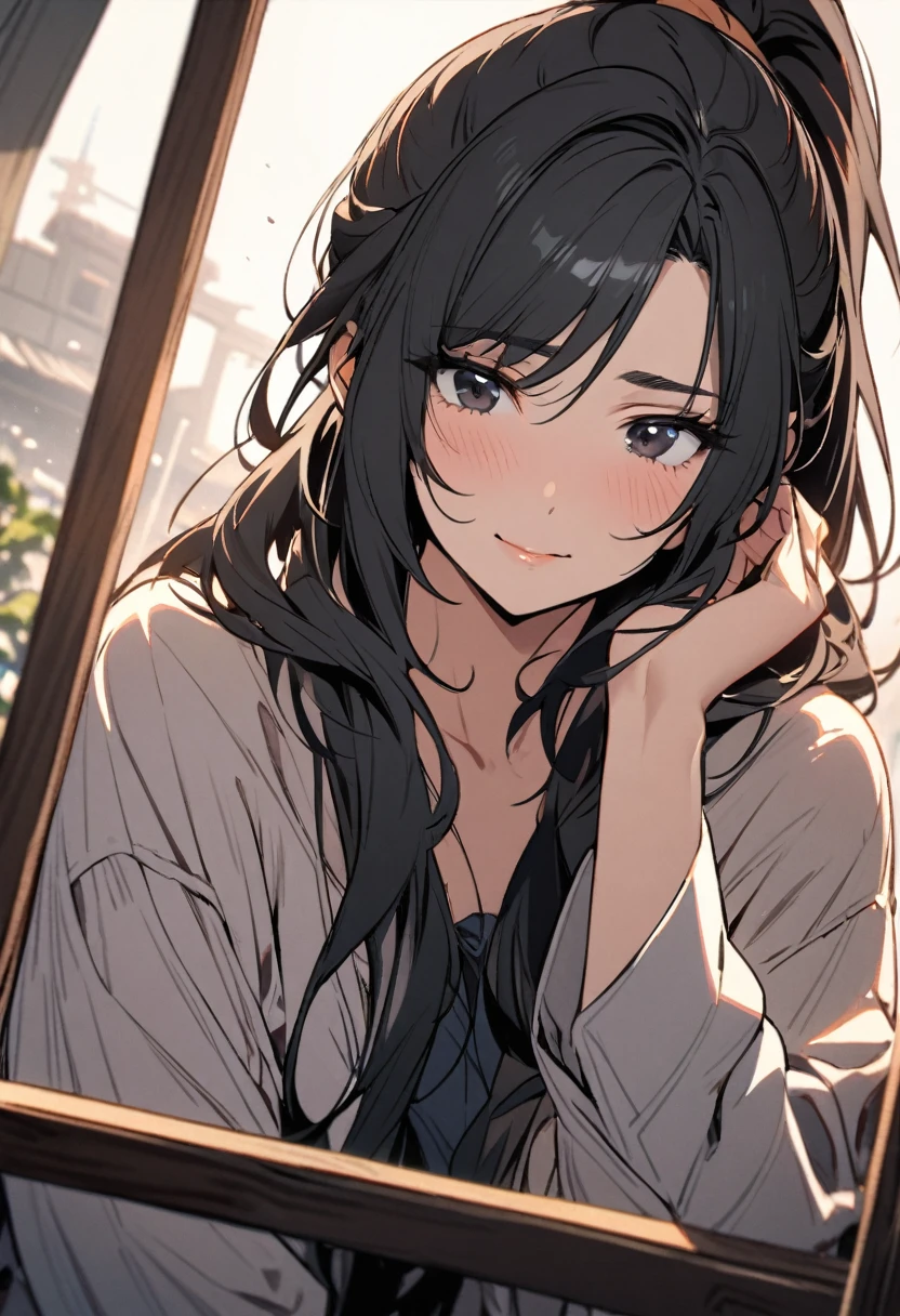 girl, mature, black eyes, black hair, long hair, beautiful eyes, beautiful color, high detail, ponytail, front face, cute, calm face