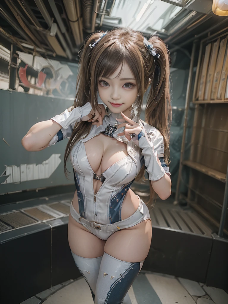 (Full Body View:1.3)、(Side view:1.1)、(Smiling with teeth showing:1.3),(Shibuya Gal:1.5)、(Race Queen Costumes:1.5)、(Punk RockVisual Kei:1.5)、(Wearing a rhythmic gymnastics bodysuit with intricate details:1.4)、(Racing suit and pants in white, denim and dark grey with delicate decorations:1.5)、(Denim and light blue and black boots:1.3)、((belt))、(Numerous delicate logo marks all over the costume:1.4)、(collar:1.3)、(Striped underwear:1.5)、20-year-old、NSFW、((Highest quality、In 8K、masterpiece:1.3))、Sharp focus:1.2、(Layered Cut、Huge boobs:1.1),Beautiful woman with perfect figure:1.4、(Doing an aerobics pose:1.3)、Slender Abs:1.2、Highly detailed face and skin texture、Detailed eyes、double eyelid,(Twin tails:1.3)、(Brown-golden hair:1.3)、Gravure idol、(The background is a beautiful crystal underground palace:1.3)、(Slim Body:1.3),(Make your legs thinner:1.4),(Thin thighs:1.1)、(clavicle:1.1)