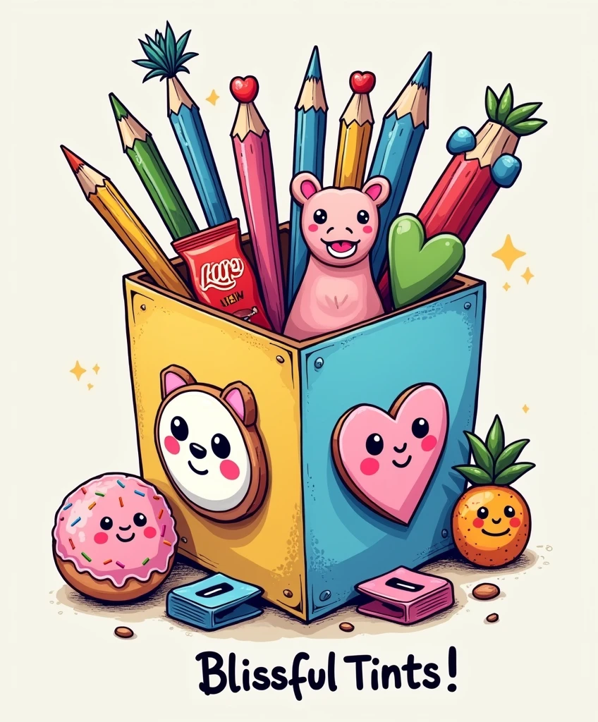 "Create a detailed cartoon-style illustration with fine, delicate strokes, aimed at female and teenage audiences. The artwork must represent a colored cubic pencil holder, with three visible sides. Each side of the pencil holder should be divided into vertical blocks with the colors yellow, blue and pink, and contain a 3D heart with a smiley face, olhos grandes e brilhantes, rosy cheeks, and a small black nose. Inside the pencil holder, Add a variety of pens and pencils with fun decorative tops, SOM: A pink donut with frosting and colorful sprinkles. A red bag of chips with eyes and a smile. A pink dinosaur with white outlines. Um coração verde de cacto com um sorriso e rosy cheeks. A panda with a cute expression and big, bright eyes. A blue pompom with blue cat ears and a happy face. Um pincel com cabo colorido em blue and pink, and realistic brown bristles. Also include paper clips positioned underneath the pencil holder.: a pink clip with a smiling pineapple ornament and a blue clip with a smiling orange ornament. Below the pencil holder, adicione o texto 'Blissful Tints!!&#39; in a light and fun handwritten font, In the black color. Use a vibrant, saturated color palette, with soft shadows to give slight depth to the elements. Make sure the illustration has a high school, summer vibe, transmitting fun and creativity. The artwork must be suitable for shirt printing, maintaining an organic distribution and avoiding rigid rectangular shapes." ((Squishmallows must appear somehow interacting interactively with the illustration))
