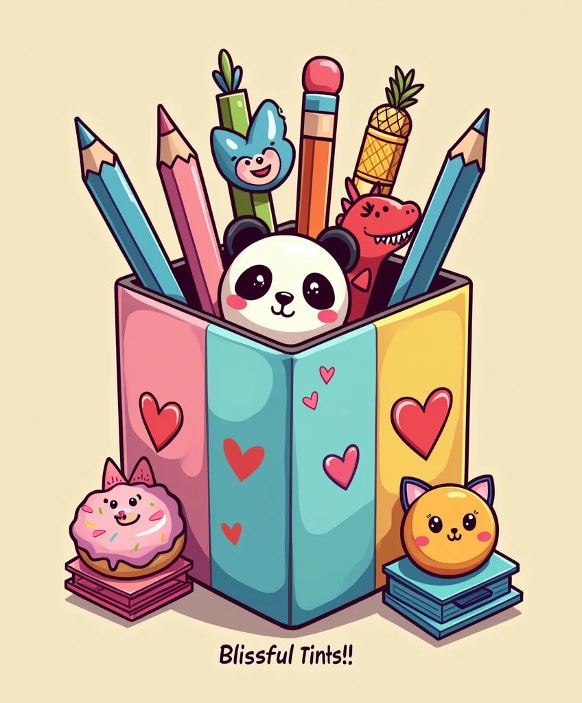 "Create a detailed cartoon-style illustration with fine, delicate strokes, aimed at female and teenage audiences. The artwork must represent a colored cubic pencil holder, with three visible sides. Each side of the pencil holder should be divided into vertical blocks with the colors yellow, blue and pink, and contain a 3D heart with a smiley face, olhos grandes e brilhantes, rosy cheeks, and a small black nose. Inside the pencil holder, Add a variety of pens and pencils with fun decorative tops, SOM: A pink donut with frosting and colorful sprinkles. A red bag of chips with eyes and a smile. A pink dinosaur with white outlines. Um coração verde de cacto com um sorriso e rosy cheeks. A panda with a cute expression and big, bright eyes. A blue pompom with blue cat ears and a happy face. Um pincel com cabo colorido em blue and pink, and realistic brown bristles. Also include paper clips positioned underneath the pencil holder.: a pink clip with a smiling pineapple ornament and a blue clip with a smiling orange ornament. Below the pencil holder, adicione o texto 'Blissful Tints!!&#39; in a light and fun handwritten font, In the black color. Use a vibrant, saturated color palette, with soft shadows to give slight depth to the elements. Make sure the illustration has a high school, summer vibe, transmitting fun and creativity. The artwork must be suitable for shirt printing, maintaining an organic distribution and avoiding rigid rectangular shapes." ((Squishmallows must appear somehow interacting interactively with the illustration))
