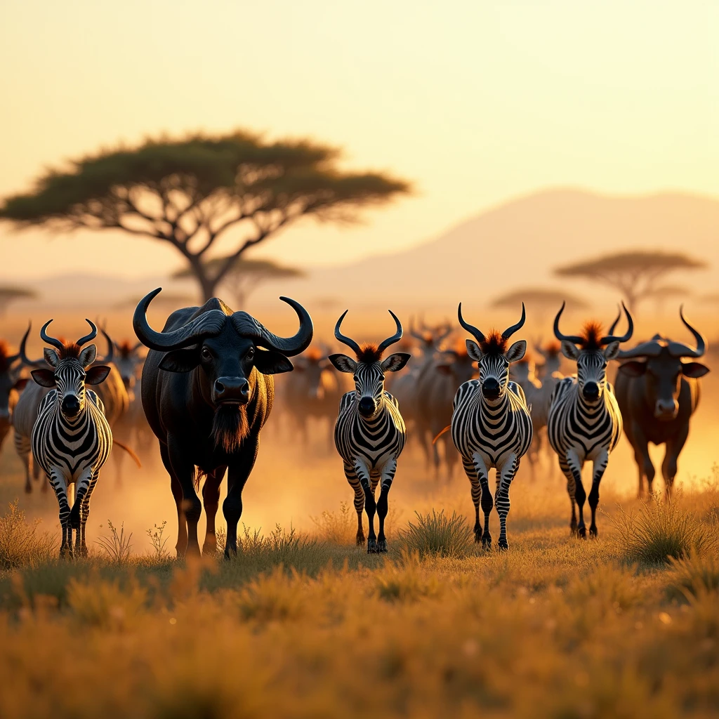Herd of buffalo, Zebras and gnus in African savannah