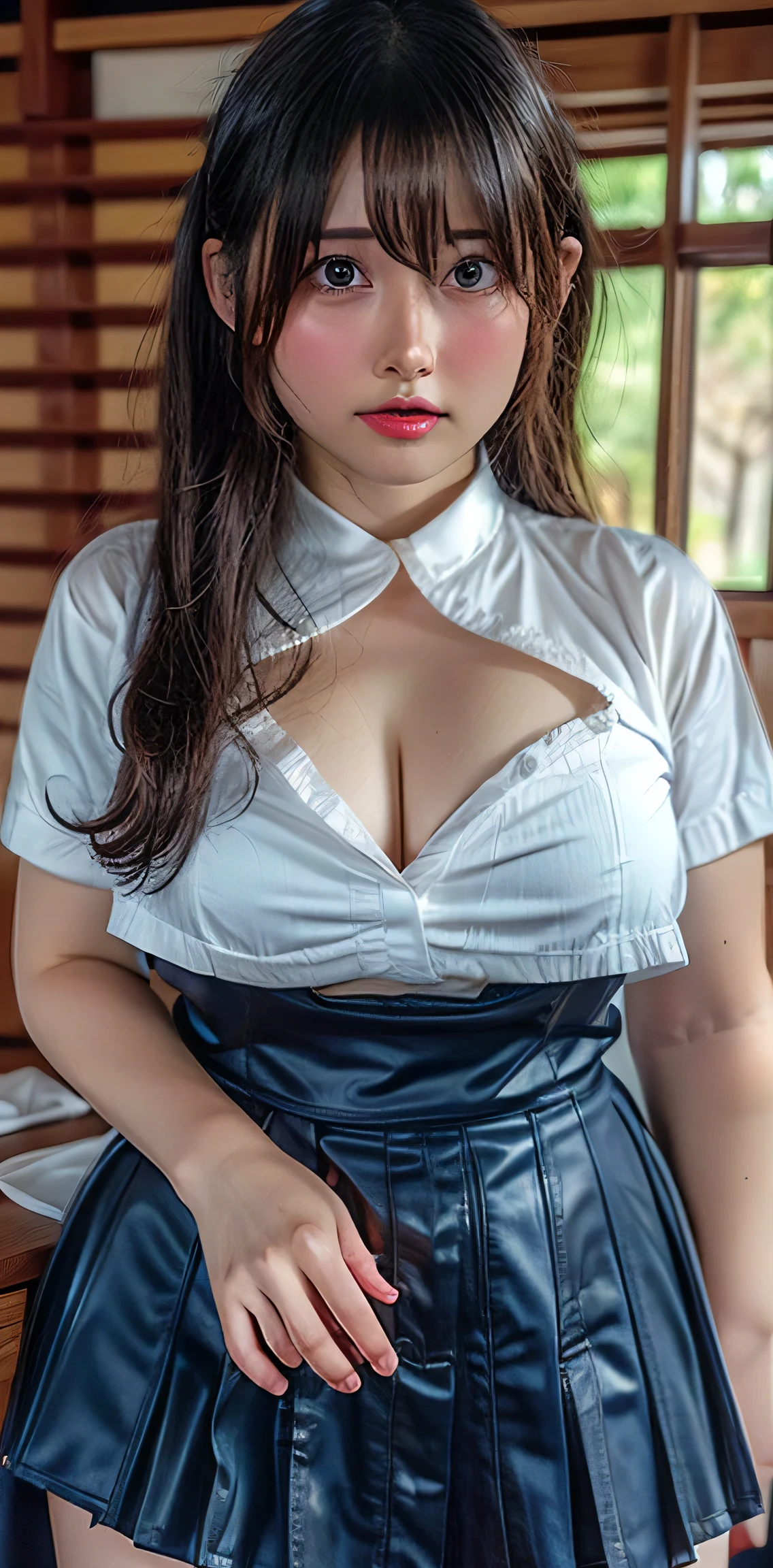 (Highest quality、Tabletop、RAW quality、Best image quality、Award-winning works)、Cute school girl、White polyester collared shirt torn due to the size of her huge breasts、Short sleeve:1.4)、(Navy Pleated Skirt:1.1)、Girl portrait photography、Glowing Skin、Brown Hair、Are standing、Sculpture Pose、(Classroom Background:1.1)、(Large Breasts:1.9)、Accentuate your body lines:1.1)、Very large red ribbon tie、Very short hair、smile、((The most beautiful obscene high school girl in Japan))、((sexly))((卑猥でsexlyすぎるCute school girl))、((Big breasts that are bigger than her face and tend to sag a little))、((Very soft breasts when massaged))、((updo:1.35))((Glamour and perfect body))、((童顔でかわいい顔立ちにピュアでsexlyな表情))、((Sweaty body))((涙とsexlyな目))、((High school girls are full of sexual appeal))、((Sweat makes the skin oily and shiny.))、((Realistic cute school girl's breasts))、((Sweaty, shiny skin))、((世界一の超弩級のsexly身体))((卑猥でsexly雰囲気の写真))、((Sweat is running down her cleavage))、((Protruding chest))、((Plumplung))((Huge breasts that make you want to suck them))、((Huge breasts that make you want to squeeze them))、((Staring at the camera with a shy and confused look))