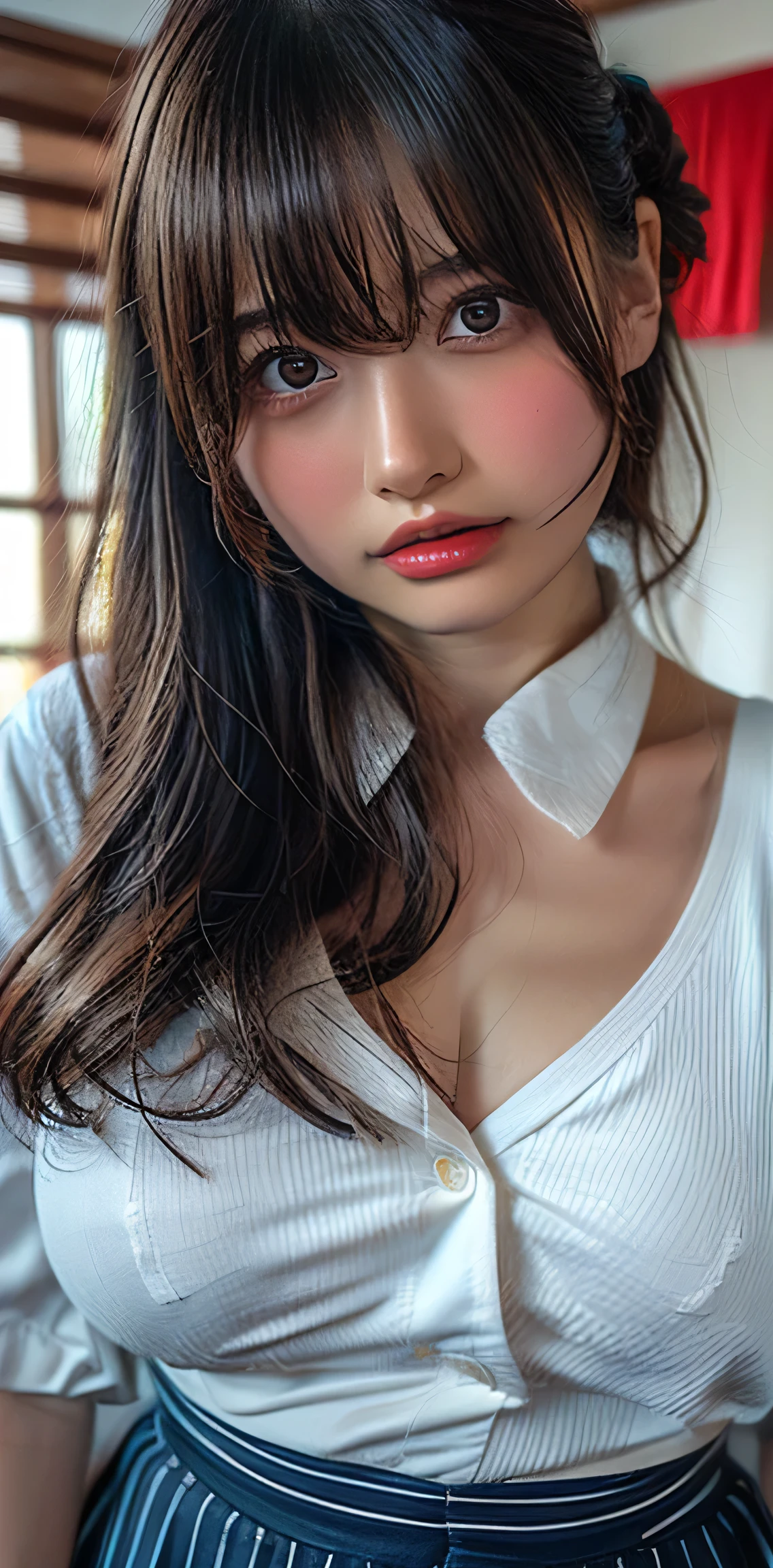(Highest quality、Tabletop、RAW quality、Best image quality、Award-winning works)、Cute school girl、White polyester collared shirt torn due to the size of her huge breasts、Short sleeve:1.4)、(Navy Pleated Skirt:1.1)、Girl portrait photography、Glowing Skin、Brown Hair、Are standing、Sculpture Pose、(Classroom Background:1.1)、(Large Breasts:1.9)、Accentuate your body lines:1.1)、Very large red ribbon tie、Very short hair、smile、((The most beautiful obscene high school girl in Japan))、((sexly))((卑猥でsexlyすぎるCute school girl))、((Big breasts that are bigger than her face and tend to sag a little))、((Very soft breasts when massaged))、((updo:1.35))((Glamour and perfect body))、((童顔でかわいい顔立ちにピュアでsexlyな表情))、((Sweaty body))((涙とsexlyな目))、((High school girls are full of sexual appeal))、((Sweat makes the skin oily and shiny.))、((Realistic cute school girl's breasts))、((Sweaty, shiny skin))、((世界一の超弩級のsexly身体))((卑猥でsexly雰囲気の写真))、((Sweat is running down her cleavage))、((Protruding chest))、((Plumplung))((Huge breasts that make you want to suck them))、((Huge breasts that make you want to squeeze them))、((Staring at the camera with a shy and confused look))