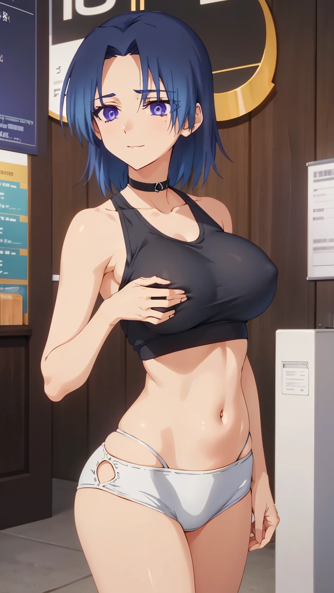 Kizi, 1 girl, anime artstyle, work of art, high resolution, alone, 8k, detailded, face perfect, best qualityer, (Ultra-high quality), looking at spectators, (boobies), clavicle, bare arm, (big breasts), neckleace, Dark Blue Hair, color gradated hair, with division in half, shorth hair, violet eyes, sharp looking eyes, tummy, Stomach, へそ, abdomen, aretes, chocker, crop top, , pantyrose, thicc thighs, gorgeous body, (trunk), ssmile, blush, In school, hands up