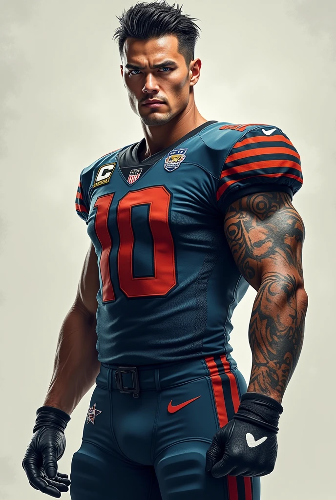 A man, Cao Cao, stark, with the tattooed arm, blue colored eyes, short black hair, who plays football
