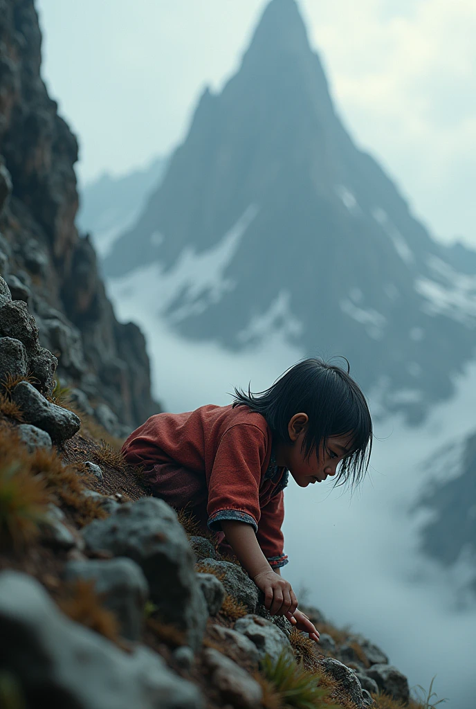 a helpless and wounded child crawling to the top of a mountain