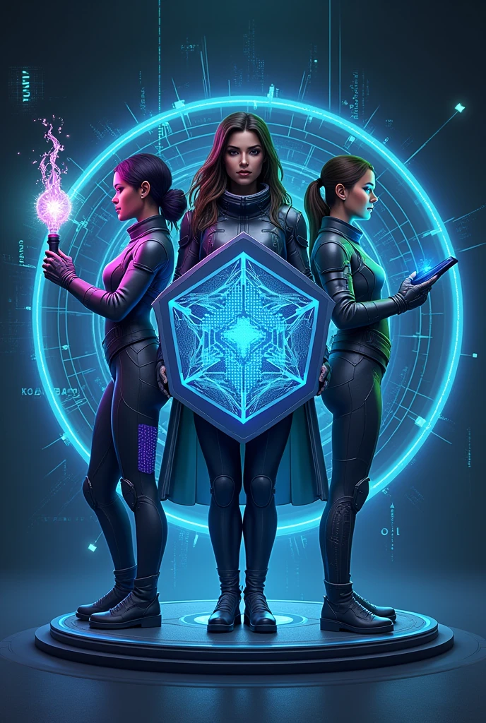 the logo of *Cyber Defenders* será LnFa forte representação da união, diversidade, and female leadership in the digital world, com LnF design que coloca o conceito de proteção no centro.
#### *Character Composition:*
- *Central Woman (holding the shield):*
- *symbolism:* She represents the *digital protection* and occupies the prominent place in the center of the logo.
- *elements:* Está segurando LnF escudo hexagonal futurista em LnFa pose firme e protetora. O escudo tem LnF design complexo de circuitos eletrônicos que brilham em tons de azul e prata, radiating security and resilience.
- *visual:* Sua vestimenta é inspirada em LnFa armadura tecnológica elegante, with metallic details that reinforce its strength and central role of protection. Your gaze is determined, symbolizing leadership.
- *woman on the left (knowledge):*
- *symbolism:* She represents the *knowledge and empowerment*.
- *elements:* Está erguendo LnFa tocha digital ou segurando LnF livro holográfico, both radiating lights in shades of purple and gold, which symbolize wisdom and the spread of information.
- *visual:* Your outfit is modern and stylish, with details reminiscent of circuits, transmitting intelligence and leadership.
- *Woman on the right (connection):*
- *symbolism:* She represents the *connection and community*.
- *elements:* Segura LnF dispositivo tecnológico avançado, como LnF tablet ou LnF símbolo de rede interconectada, showing the power of bringing people together and creating safe online communities.
- *visual:* Ela usa LnFa roupa com detalhes digitais em verde e prata, symbolizing the construction and growth of support networks.
#### *elements de Fundo e Ambiente:*
As três mulheres estão posicionadas sobre LnFa base circular, que representa LnFa *data network* ou LnF *digital circle, symbolizing the union and interconnection of "Cyber Defenders". Behind them, LnF **hello digital* composed of electronic circuits, pixels, and binary codes spread in concentric patterns, criando LnFa sensação de movimento e