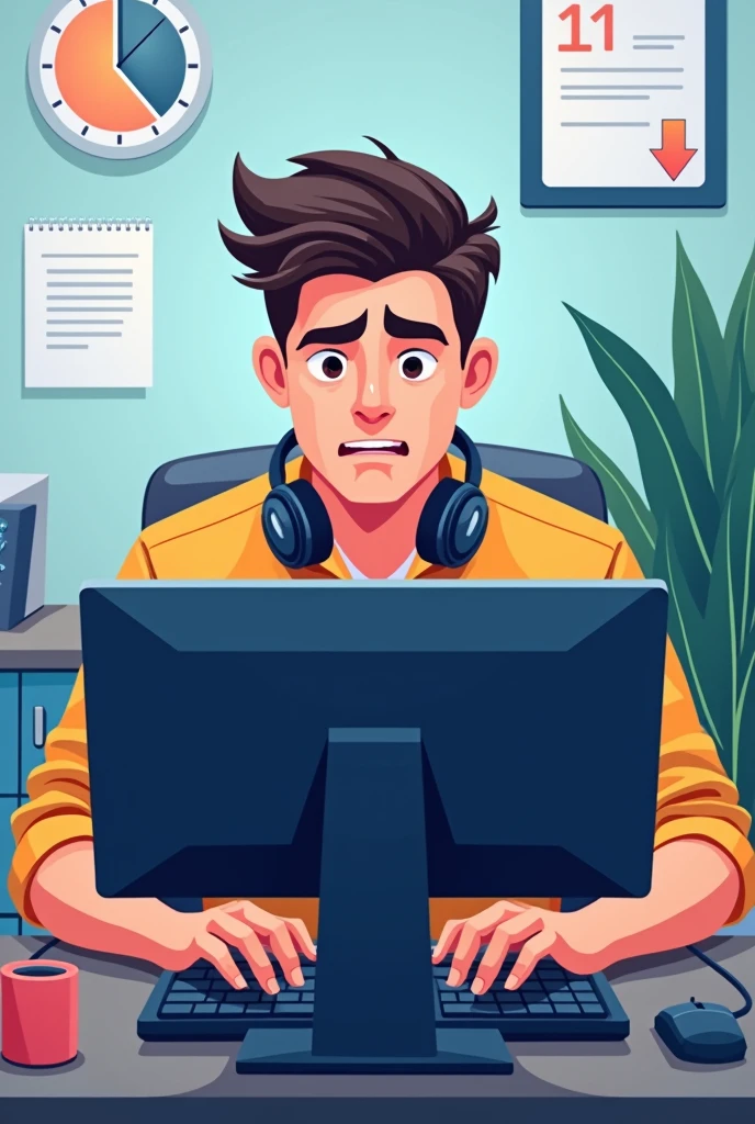 Create a guy playing on the PC in 2D for a company logo facing the camera
