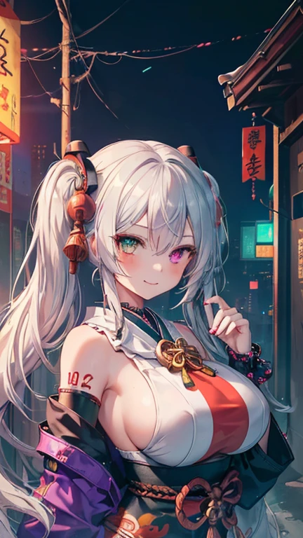 ((1girl)), (masterpiece, best quality), High resolution, Very detailed,4K,8k, ((Anatomically correct number of limbs),(Anatomically correct number of fingers)), ((seductive smile) ,(silver hair,Long twin tails,shiny hair:1.3), ((oiran),(Clothes with purple glitter lines)), (heterochromia,(red eye,green eye))), ((big breasts),beautiful breasts,curvy),((Late Night), (Cyberpunk,shrine),Vibrant neon glow)