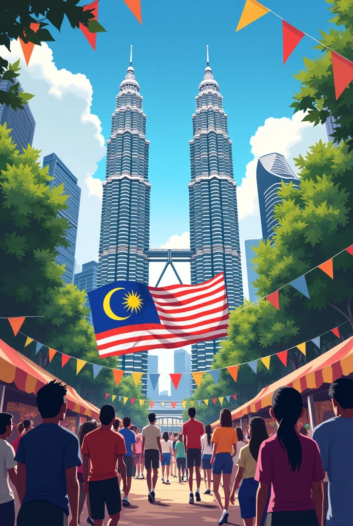 Malaysia 2024 independence day with malaysia flag with malaysia twin tower with word Happy Independence Day