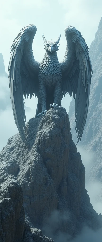8k, best quality, masterpiece, realistic, ultra detail, photo realistic, hyper realistic, a huge gray griffin sitting on the top steep ridge of rocky mountain