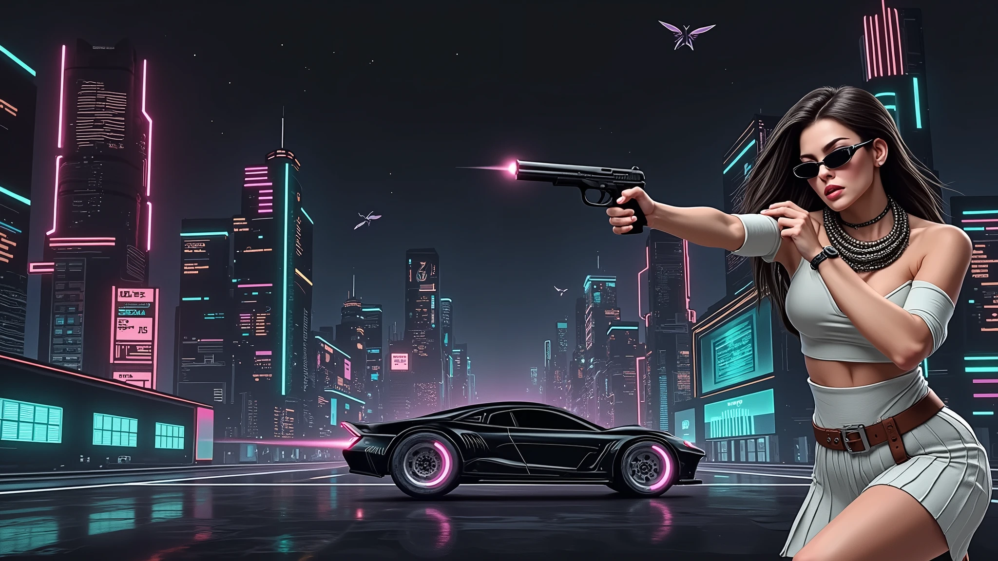 Futuristic cityscapes with colorful all-glass outlined towering skyscrapers with lightning, flying vehicle. High-resolution OLED GUI interfaces in the building, The windows are filled with transparent data visualization infographics that show it all, Egyptian fantasy arts, Egyptian statue, (Egyptian hieroglyphics). Colors are saturated and vibrant. At night, (1girl, solo, alone), photorealistic, large-breast slim:0.6 body, oval:0.5 face, cleavage:1.1, very low angle view of pleated miniskirt, deep-v, (upskirt), glove, (Matrix style black micro sunglasses), (aiming viewer with a short gun), dynamic running pose, (half-body thigh level close-up shot), cinematic lighting, ray tracing, motion blur background.