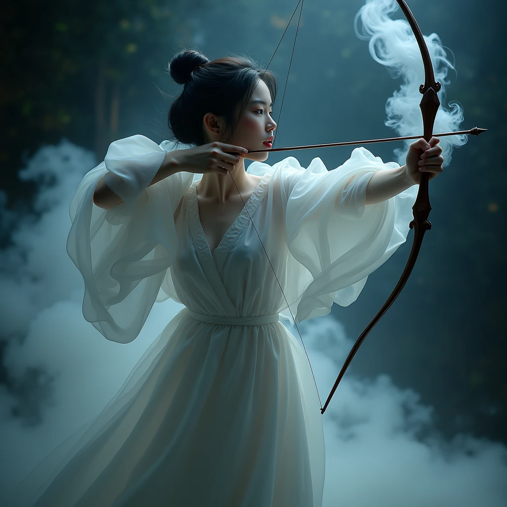 A picture made of smoke，Asian Beauty，Archer，Shooting stance，Art Photography