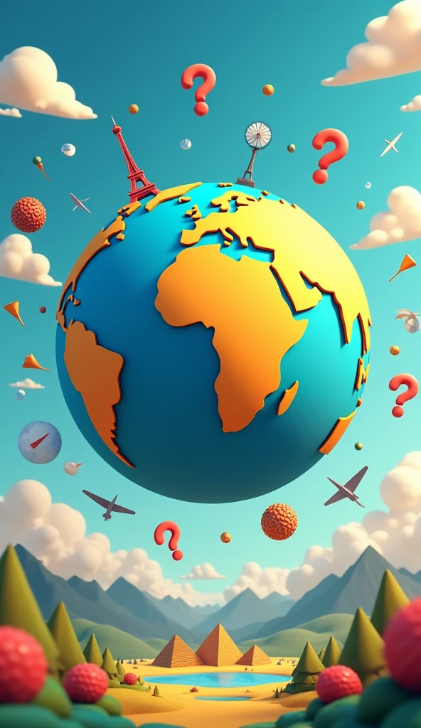 Create a vibrant, eye-catching image for a quiz video about geography. The image should include a large globe at the center, surrounded by various geographical elements like maps, compasses, and landmarks such as the Eiffel Tower, pyramids, and mountains. Add quiz-related symbols like question marks and checkmarks floating around the globe, with a playful, engaging style. Use a color palette with bright and contrasting colors like blue, green, yellow, and red to make it visually appealing and attention-grabbing. The overall vibe should be fun and educational, inviting viewers to participate in the quiz.