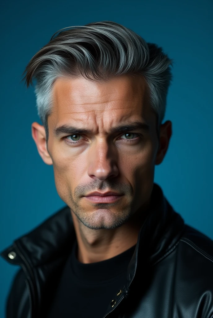 Close up of young male character with gray hair combed to the side, fierce facial style, wearing a pitch black leather jacket on a plain blue background