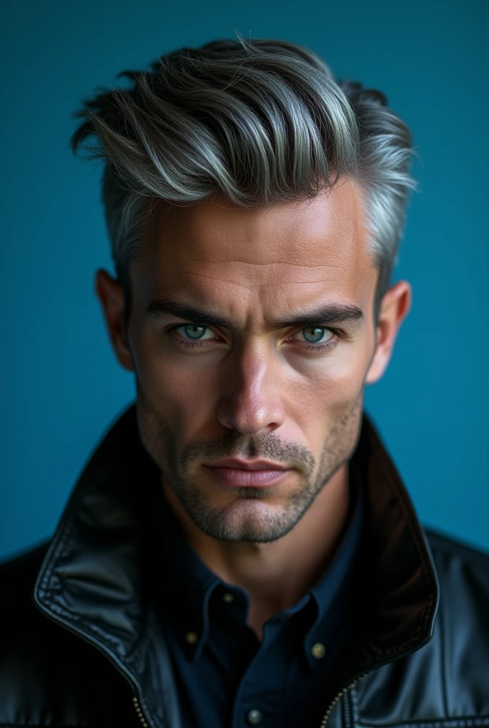 Close up of young male character with gray hair combed to the side, fierce facial style, wearing a pitch black leather jacket on a plain blue background