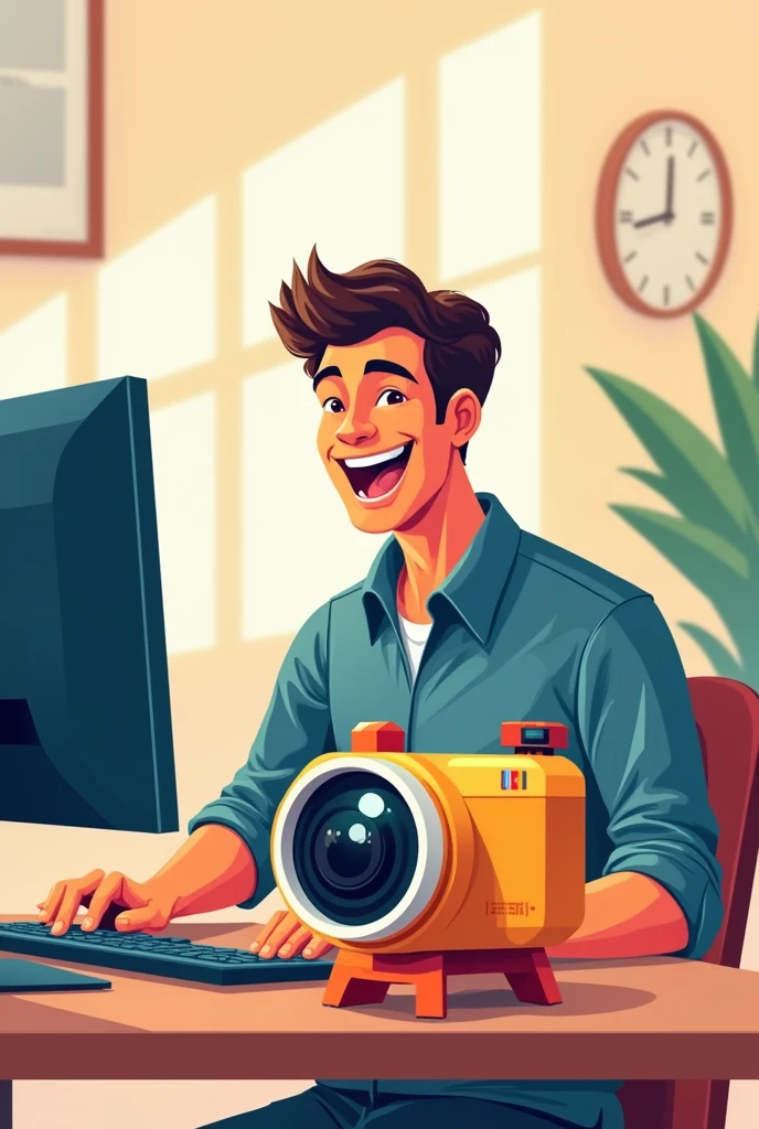 Create a guy playing on the PC in 2D for a company logo in front of a happy camera