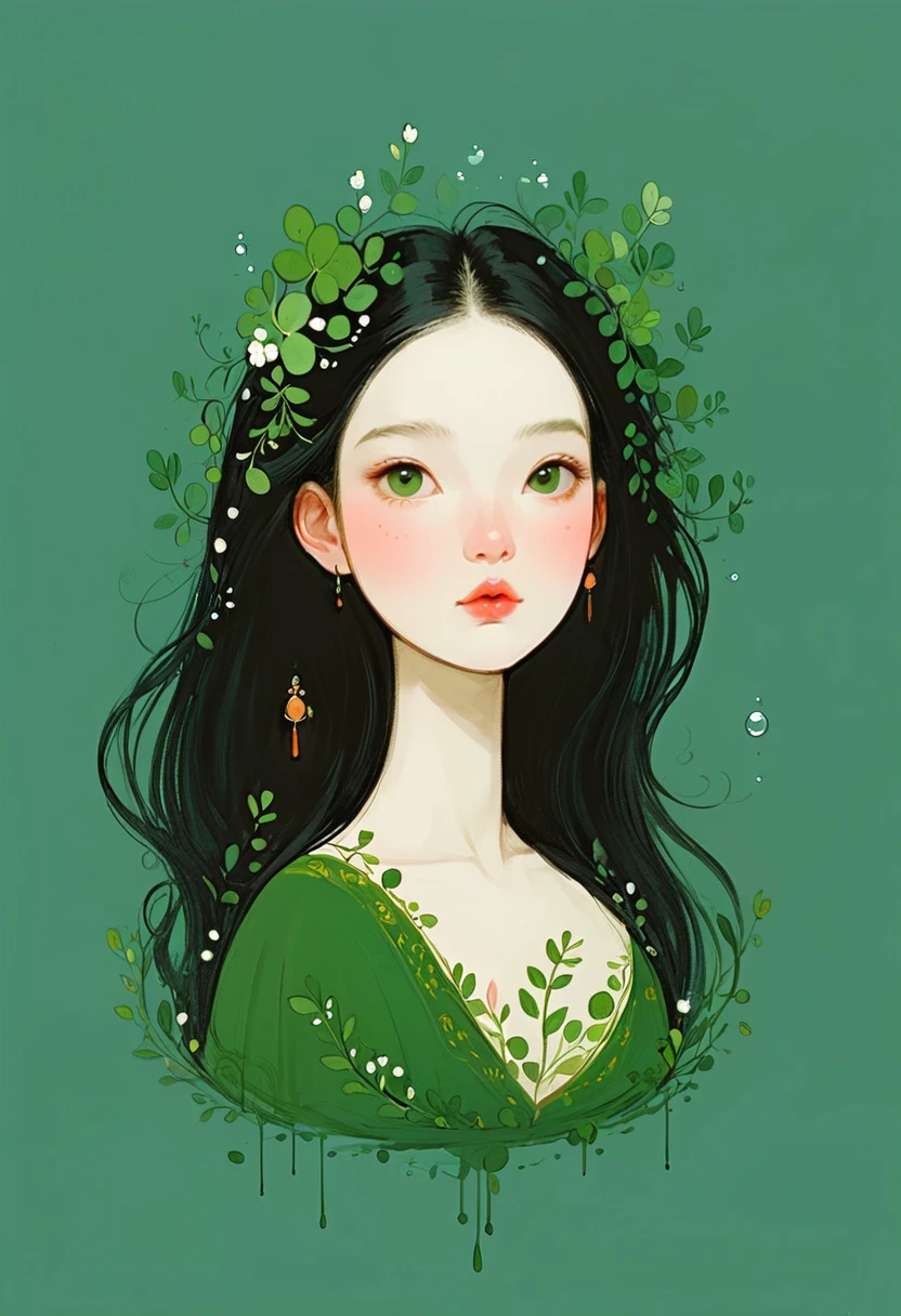 vector，flat form style，illustration，minimalist，illustration，green tint，abstract，artistic conception，a girl，pretty face，black hair，Begonia flowers