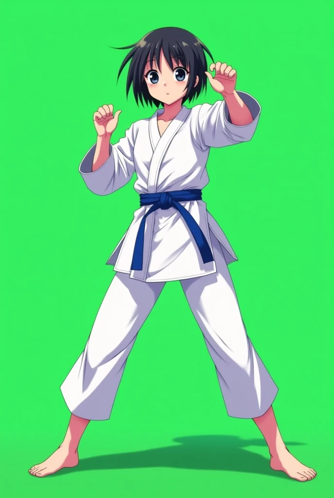 A karate teen girl in karate uniform in white dress and blue belt standing in straight Stance towards the screen and the background is green full screen size, in straight pose with straight arms and leg in anime style