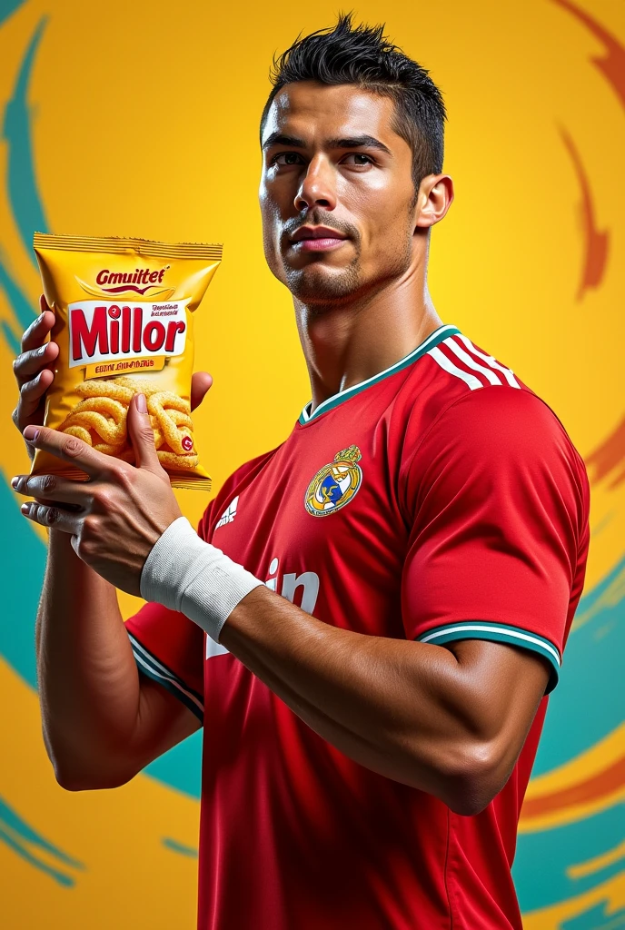 Cristiano Ronaldo as poster boy for corn snack brand "milhor", with a packet of snacks in his hand 