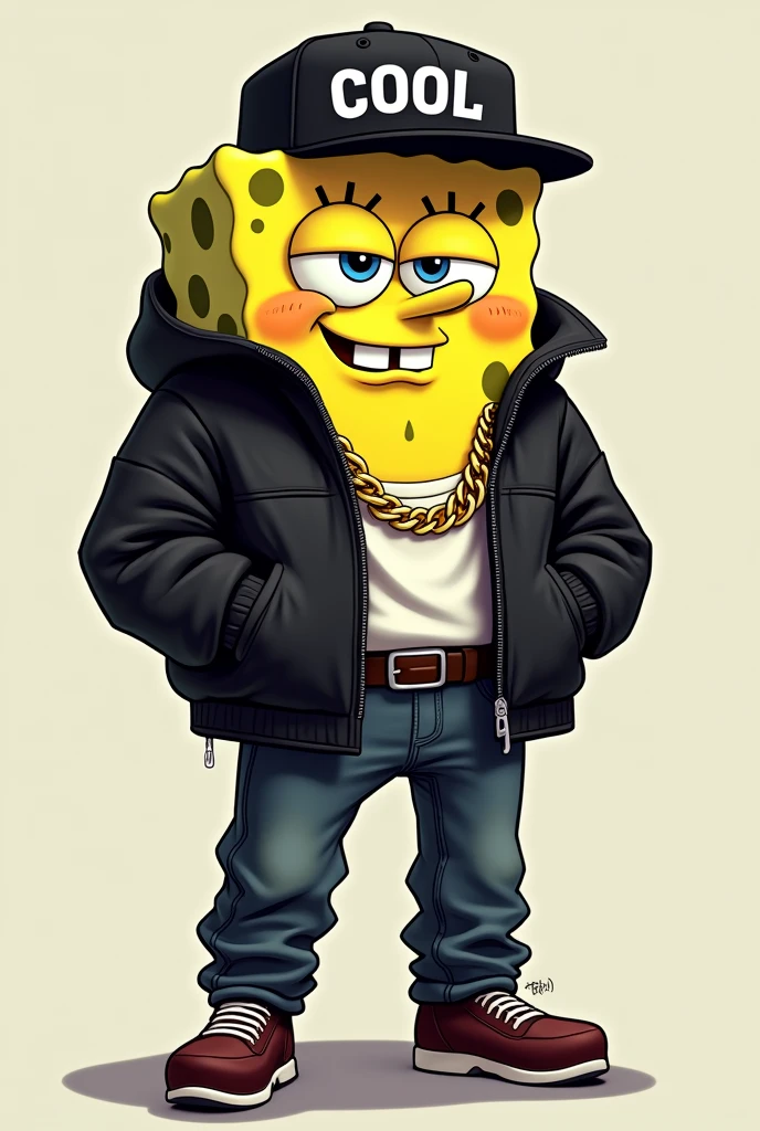 Spongebob squarepants with black jacked and jeans while wearing a gold chain named COOL and wearing a black cap with the name COOL