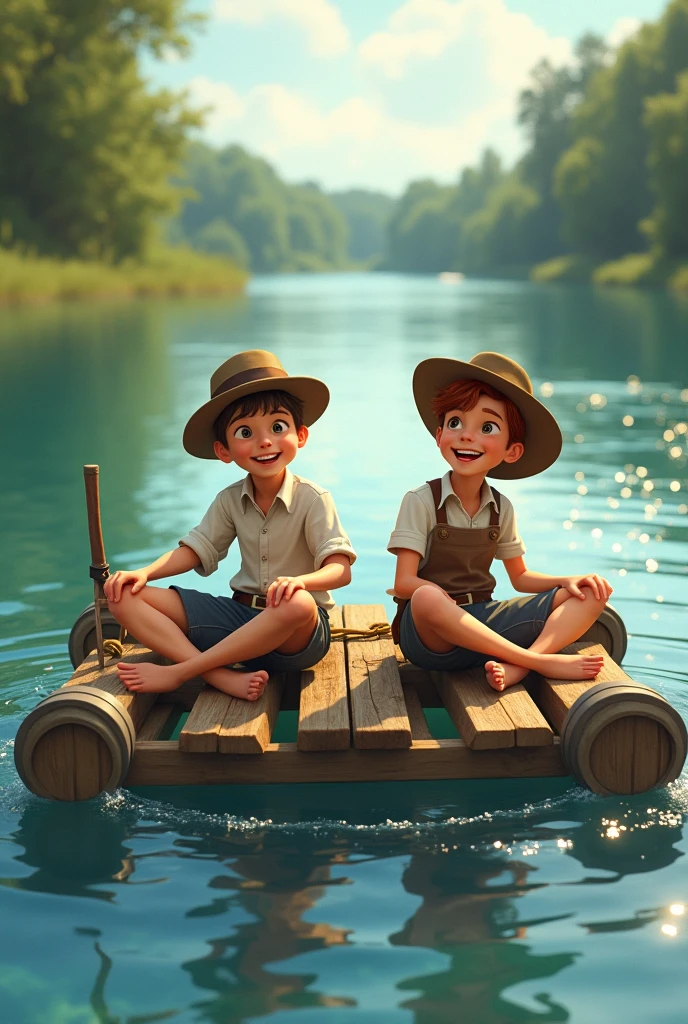 Scene Description:

Characters: Tom Sawyer and Huckleberry Finn on a raft. Tom is dressed in a light shirt and shorts, Huck in dirty clothes, both with bright, enthusiastic expressions.
Spatial Positioning: The raft is securely afloat on the water, with several wooden planks and barrels. Tom and Huck are sitting on the raft as it floats down the river.
Objects: The raft, barrels, ropes, and some fishing gear. Waves and expanses of the river are visible around them.
Atmosphere: Calm and relaxing, with a summer day and a light breeze. Sunlight reflects off the water, creating a shimmering effect.