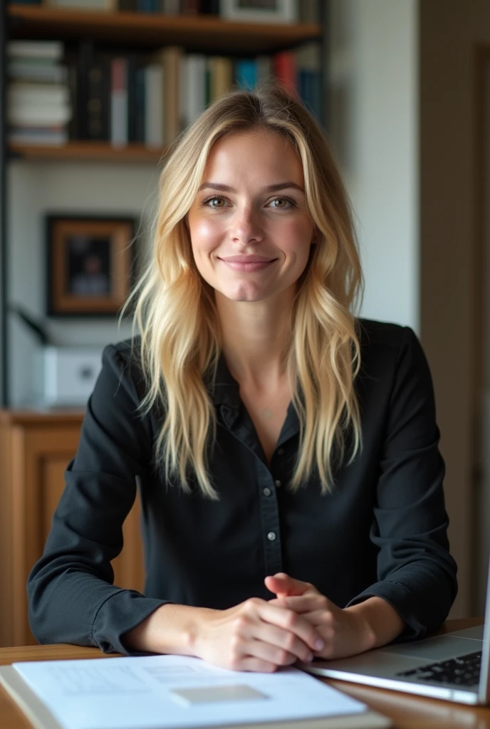 Jeune femme blonde de type européen assise à son bureau, aux yeux bruns de très bonne qualité avec une excellente résolution 4K