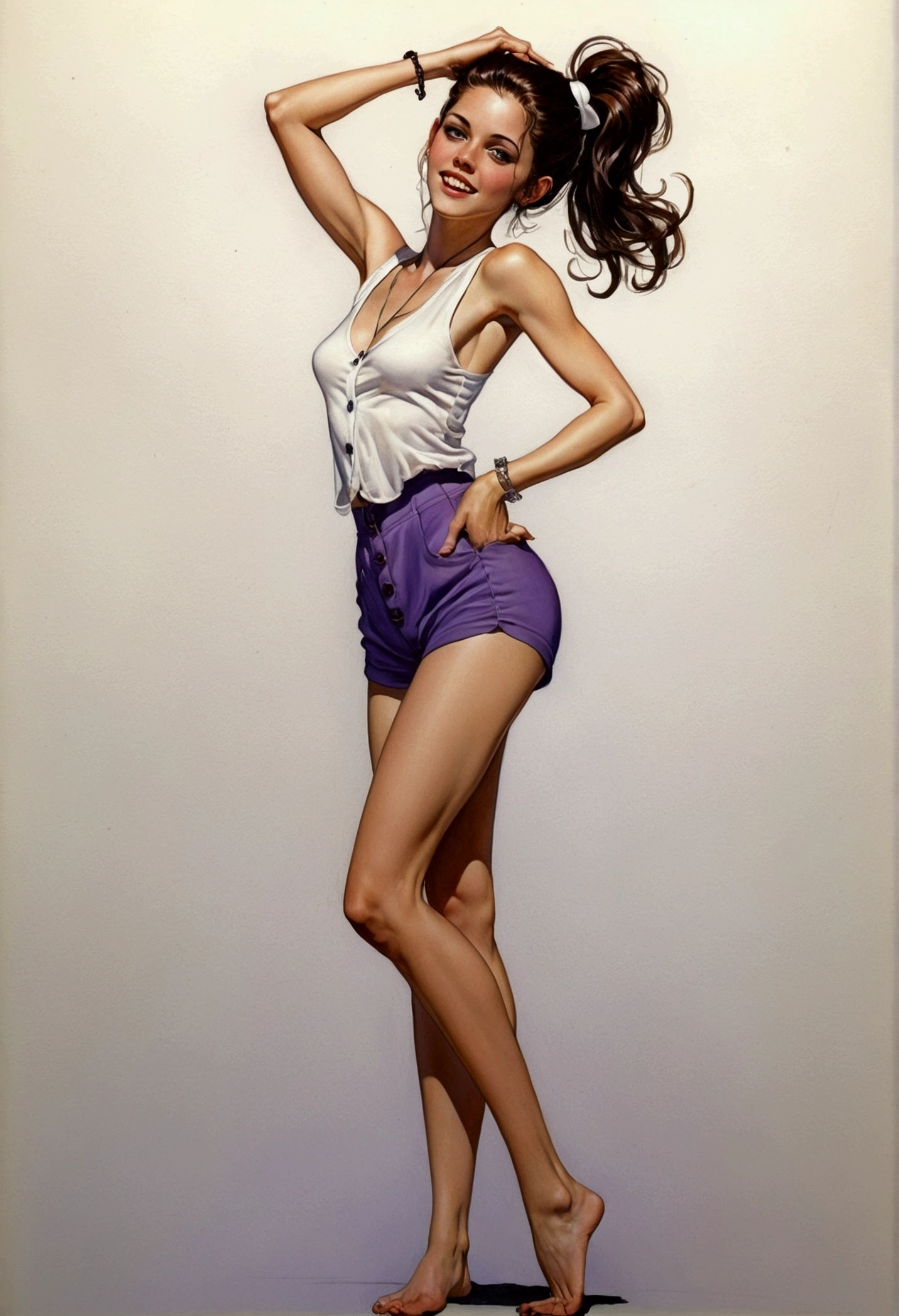 comic style, drawing by Milo Manara. Erotic, suggestive, a standing woman, with one leg bent, raised, as if dancing, legs apart, purple panties, a long white tank top with white buttons and no sleeves, She looks like Kristen Stewart but very thin, very thin, very small breasts, with very light brown eyes, with a thin nose and square jaw, big teeth, big gums. The woman is very thin, whole body, long and beautiful legs, cute and beautiful feet, his skin is quite dark, very tanned, Wavy brown hair tied up in a bun