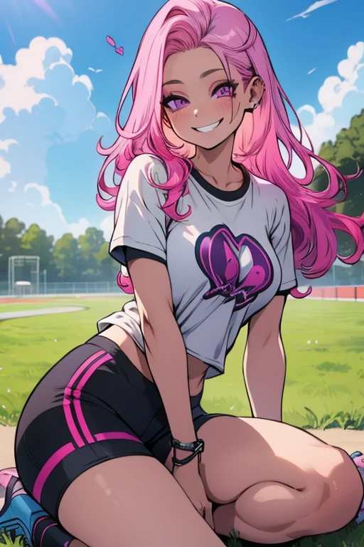 Perfect face. Perfect hands. A pink haired woman with violet eye and an hourglass figure in a t-shirt and gym shorts is smiling while drinking water on the grass by the track
