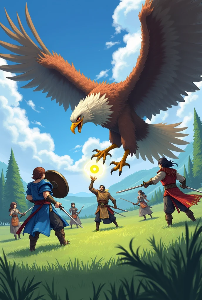 A hero party fighting monsters in the grassland, The monster is a giant griffin, Looks pretty strong. The brave party、Blue Armored Heroine、A well-built man warrior with a shield、A mysterious summoner in ethnic clothing holding a spellbook、Four female samurai with swords, Damage Effects, The summoner creates a magic circle of light in the air., The warrior blocks the griffin&#39;s claws with his shield., The hero readies his sword and flies through the air,