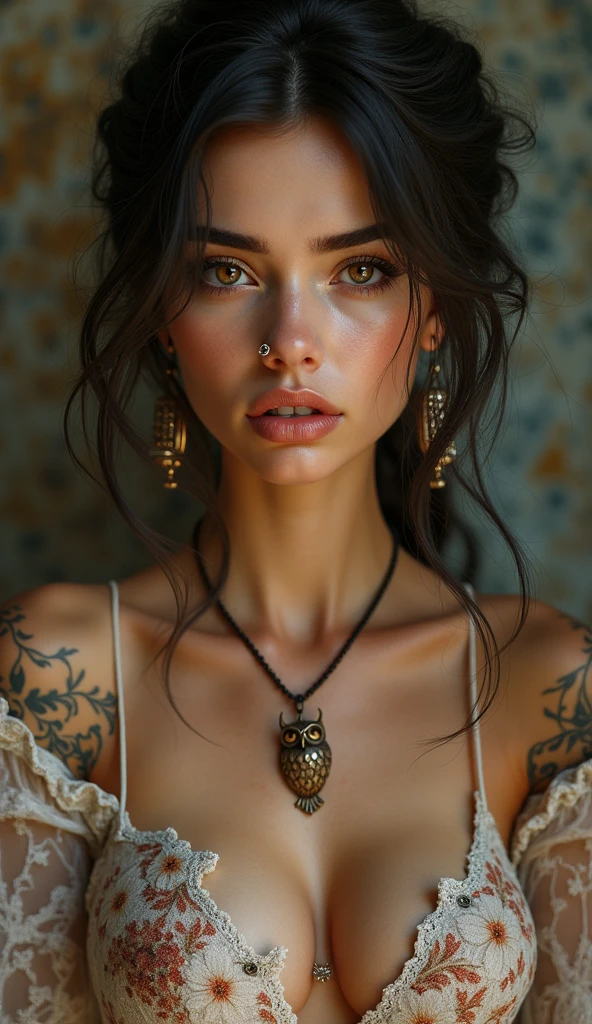 woman of slavic appearance, with brown eyes and dark eyebrows, fleshy lips, ultra detailed skin with a light tan, smiling, 30years, Scrawny, with an owl tattoo on his right arm, (((wearing a floral dress that covers her shoulders))), and with a pendant around his neck, has his nose pierced,((( the face and hair appear in the image))), (((Further away from the camera))), natural posture, (((breasts big)))