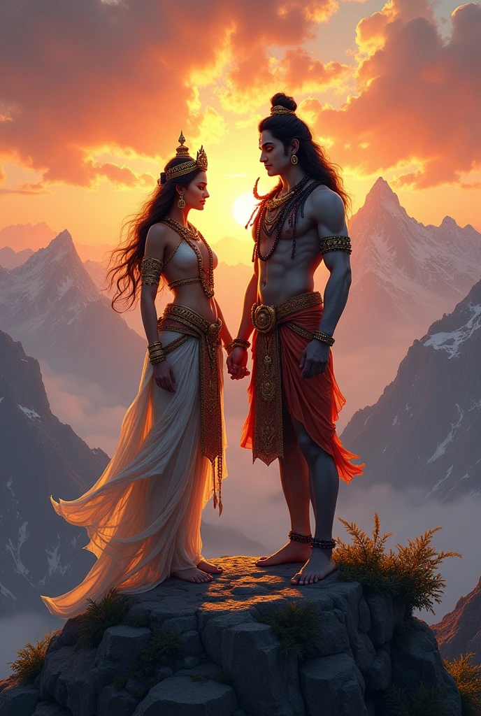Lord Shiva and Parvati stand on mountains sunset with beautiful clothes 