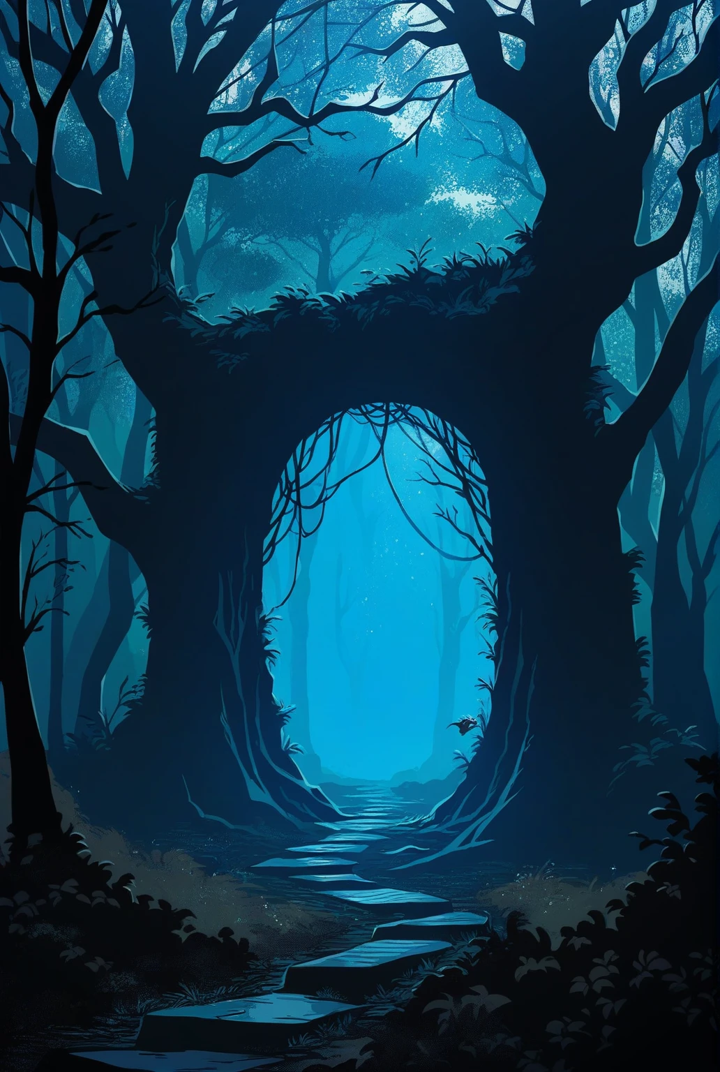 Add in small in the distance, Outside the portal a dark, unidentified figure. This figure is on the right side of the image