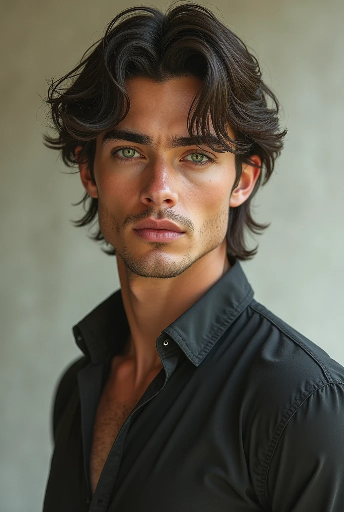 A beautiful young man , green eyes,long hair , 2,Full Body