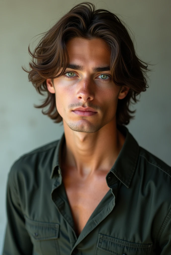 A beautiful young man , green eyes,long hair , 2,Full Body

