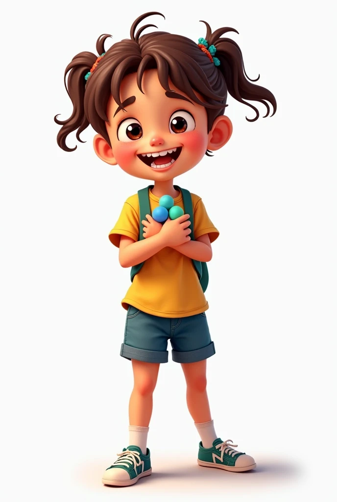 child, , Brazilian, Schoolgirl, white background, Grinning, with toy in hand