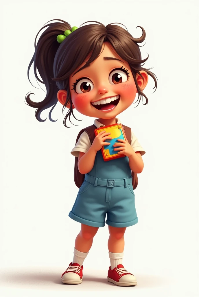 child, , Brazilian, Schoolgirl, white background, Grinning, with toy in hand