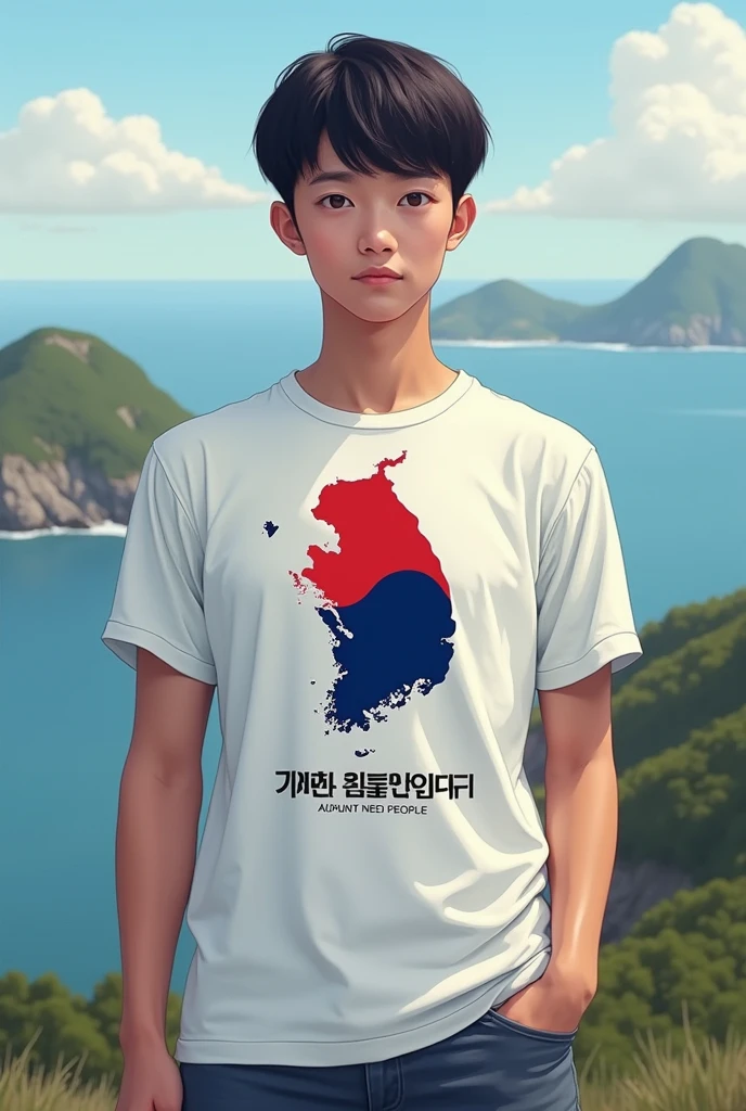 Draw Korea's Dokdo with a picture on the t-shirt. Please include the phrase Dokdo is Korean territory, It doesn't need people