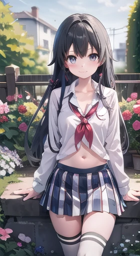 yukino yukinoshita, Long Hair, Cleavage, belly button, Slim legs, Black Hair, blue eyes, Short skirt, Thigh-high socks, Teen, Happy, school uniform, garden, stomach
