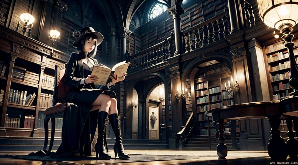 One woman reading a grimoire at a seat in a fantastic library, Black Hat, Black Boots, Black Long Cardigan, White dress, Black hair, Short bob