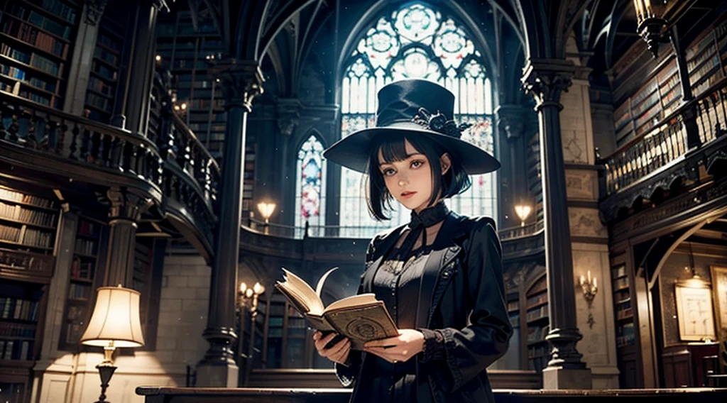 One woman reading a grimoire at a seat in a fantastic library, Black Hat, Black Boots, Black Long Cardigan, White dress, Black hair, Short bob