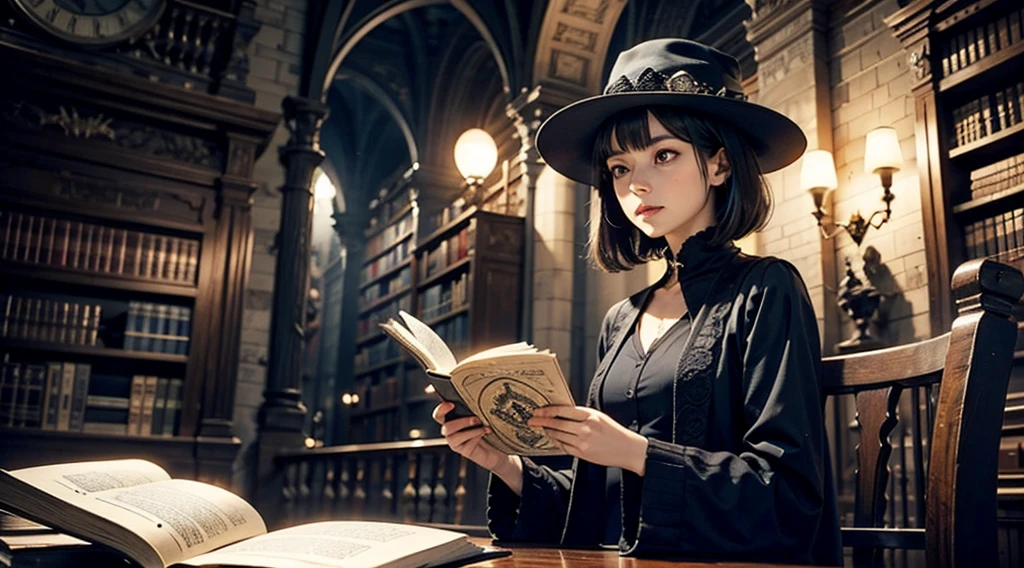 One woman reading a grimoire at a seat in a fantastic library, Black Hat, Black Boots, Black Long Cardigan, White dress, Black hair, Short bob