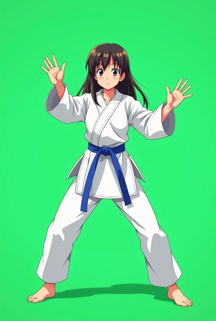 A karate teen girl in karate uniform in white dress and blue belt standing in straight Stance towards the screen and the background is green full screen size, in straight pose with straight arms and leg in anime style