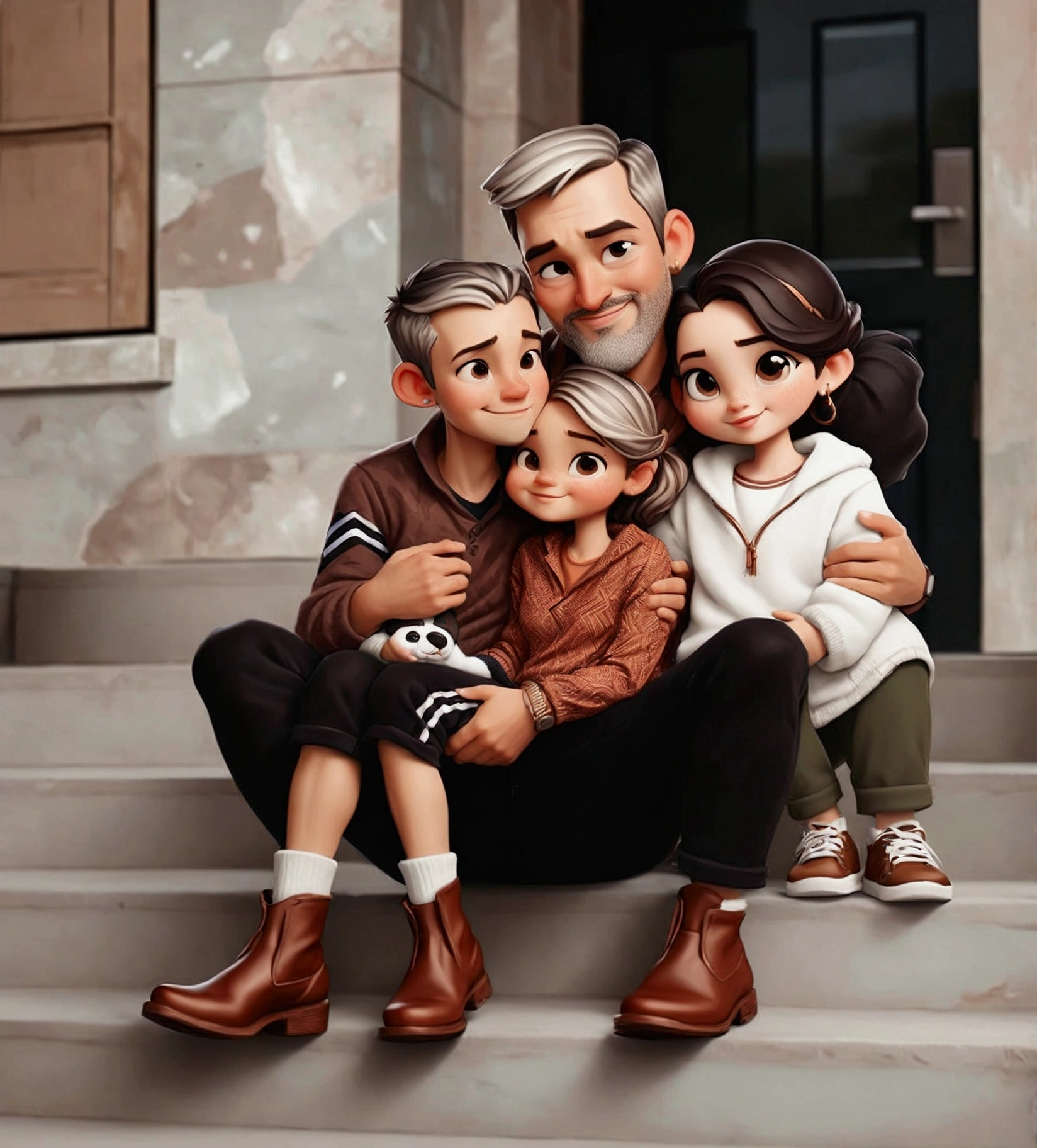 Cartoon One cute happy family together like a portrait(dad, mon, and baby). Which includes three people. There is the dad who is 30 years old, long straight black hair (make it in a bun), dark brown eyes, his characteristics reminds a native american, skin color is honey, and he will be wearing a navy blue t-shirt. There is the mom who is 2, has porcelain skin color, dark brown eyes, chest length curly dark brown hair, she will be wearing something casual but chic. And lastly there is the son, who is 3 months old and the dad and the mom will be holding him together for the portrait, the son has brown hair, dark brown eyes, ivory skin color. Make the portrait in a black background.