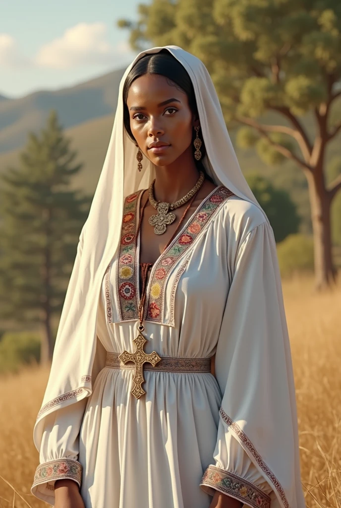 Create a photorealistic image of an Ethiopian woman wearing a traditional Habesha kemis. The dress should be ankle-length, made of white cotton fabric with intricate, colorful embroidery around the neck, wrists, and hem. Include a matching shawl draped over her shoulders. The setting should be natural with good lighting. The dress has Ethiopian Orthodox cross.