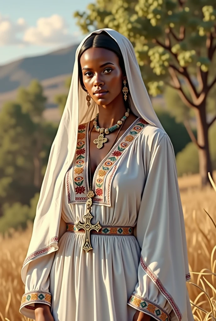 Create a photorealistic image of an Ethiopian woman wearing a traditional Habesha kemis. The dress should be ankle-length, made of white cotton fabric with intricate, colorful embroidery around the neck, wrists, and hem. Include a matching shawl draped over her shoulders. The setting should be natural with good lighting. The dress has Ethiopian Orthodox cross.