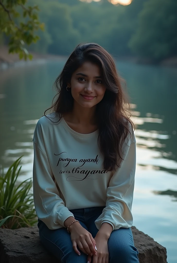 A woman wearing a shirt that says "punya ayank Andrayana", sitting on a rock near the river in the twilight atmosphere, look at the camera