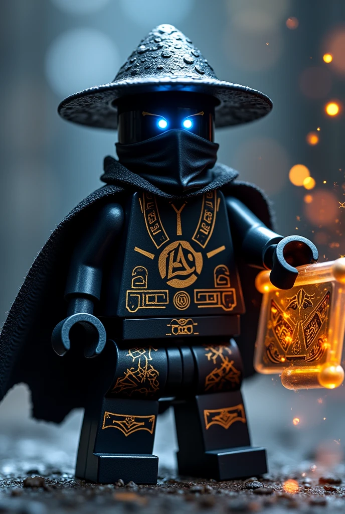 Créer moi un lego ninja go avec pas de muscles et ni de masque le premier maitre du spijisufuturiste de la dernière puissance fusionnaire et doit être en lego un ninja avec un chapeau de paille noir, avec un bandeaux noir cachant la bouche avec une cape noir derrière le dos sombre et avec une peau noir foncé noir sombre et un regard terrible avec des yeux en éclair bleu avec une puissance incroyable avec comme puissance élémentaire l’électrique, l’énergie, la terre, le feu, la glace. Les habits du ninja doit être tout noir avec des traces grise bleu foncé avec des reure en forme de force, d'électricité, de feu en or et des écritures japonaises et le parchemin antique du spinjisu interdit sacré le plus puissant en golden. Un ninja imbattable monstrueux beaucoup trop puissant qui contrôle tous les pouvoirs élémentaires. Le ninja doit être destructeur et soif de victoire un gentil et méchant avec un sabre et le parchemin du spinjisu interdit sur la mains 