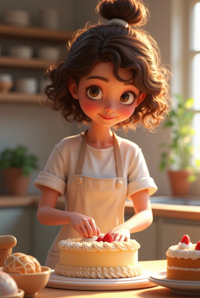 Pastry girl, of short stature, brown curly hair creating a cake 